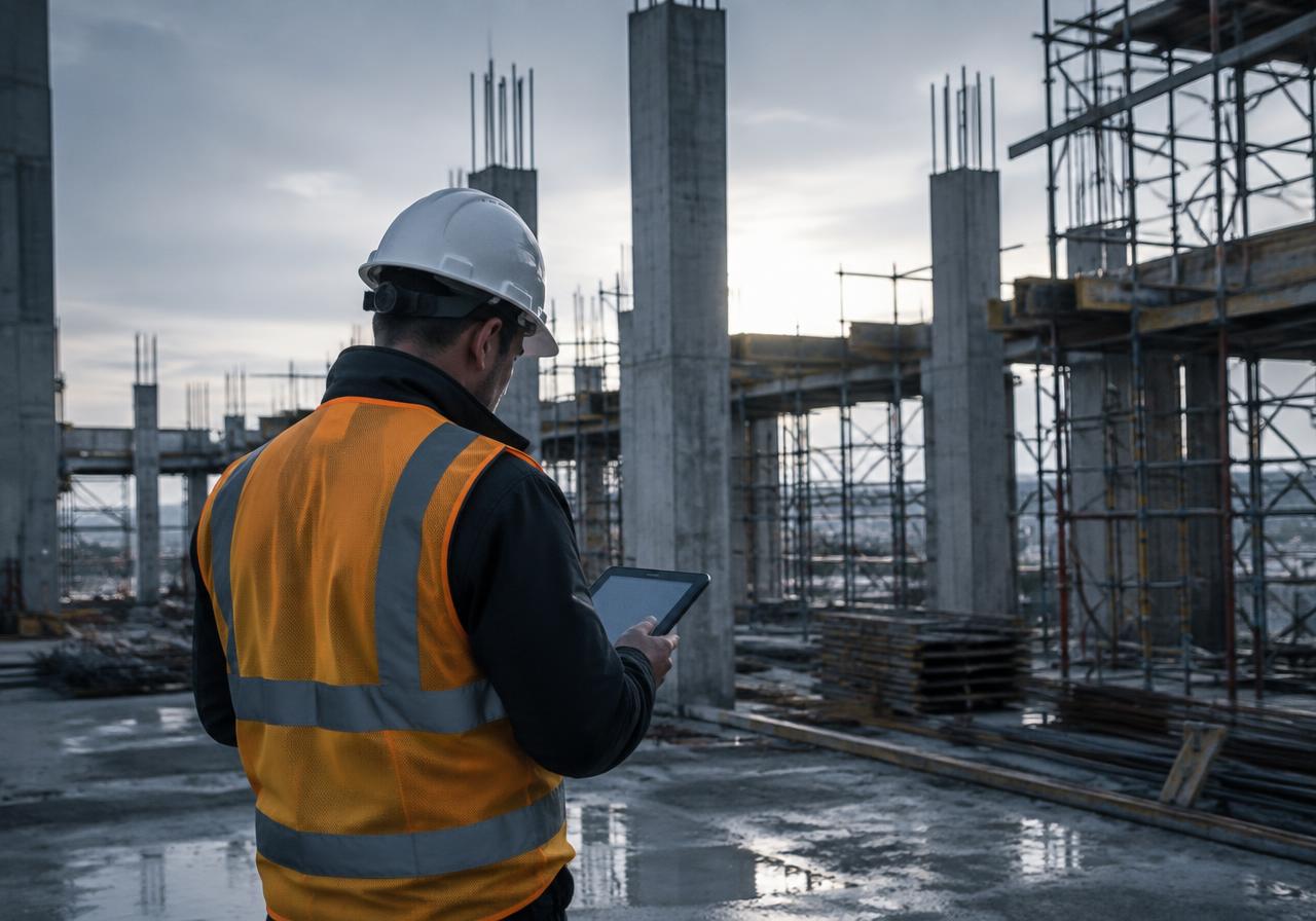 Maestro de obras revisando avances en una tableta